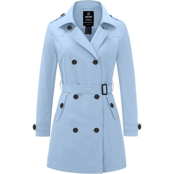 Jackets & Blazers - Women's Light Blue Waterproof Trench Coat with Classic Lapel and Belted Design